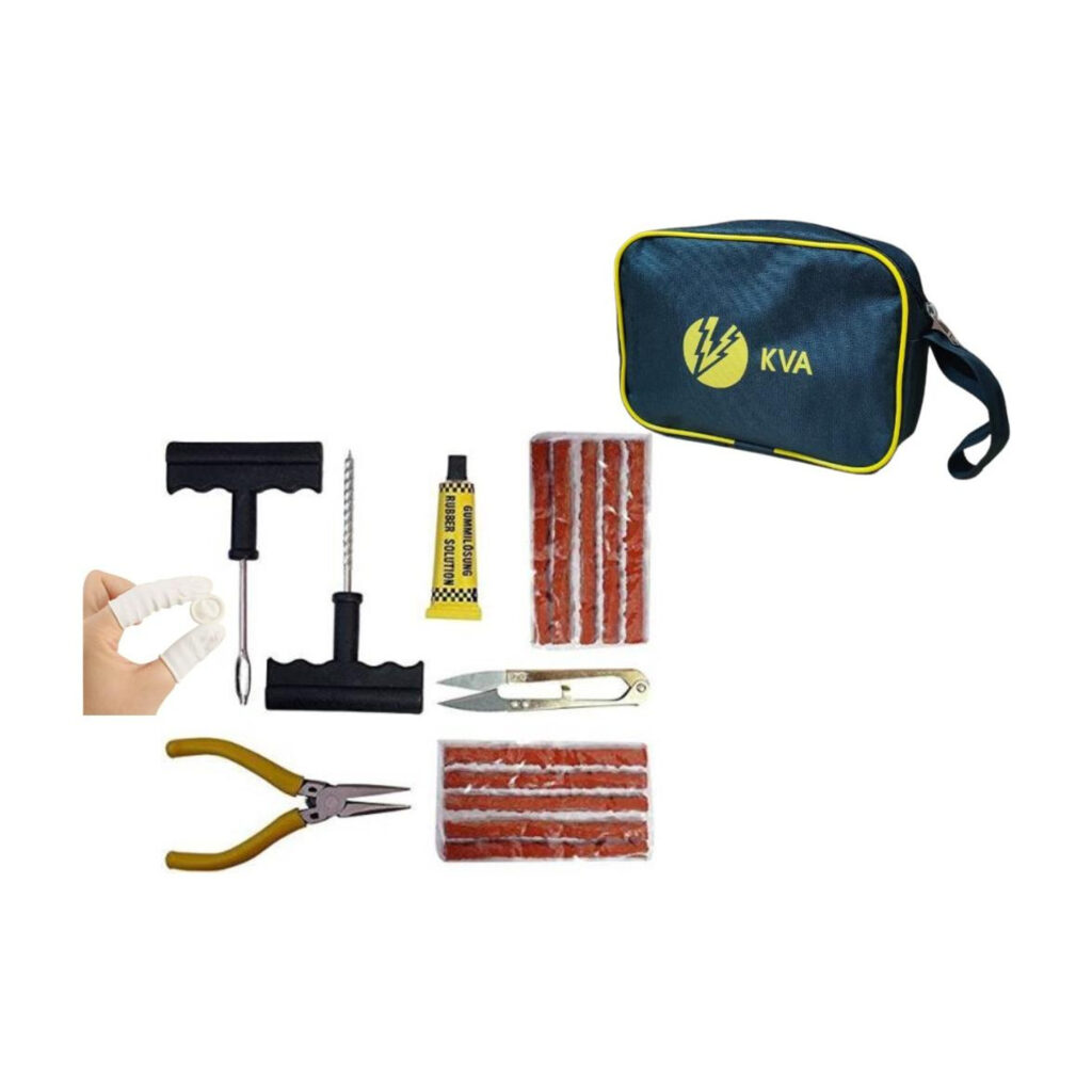 KVA KV-138 Complete Tubeless Tyre Puncture Repair Kit With Pouch (Nose Pliers + Cutter + Rubber Cement + Extra Strips+ Pouch+ Finger Coverings) Tubeless Tyre Puncture Repair Kit